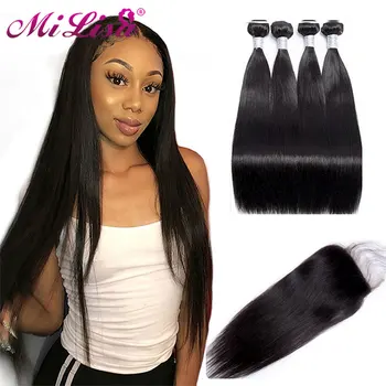 

Closure With Bundles Straight Hair 10-30 Inches Bundles With Closure Peruvian Hair Weave Bundles Mi Lisa Hair Remy