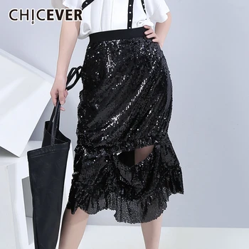 

CHICEVER Patchwork Sequined Skirt Women High Waist Tunic Slim Ruched Hollow Out Midi Asymmetric Skirts Female 2020 New Clothes