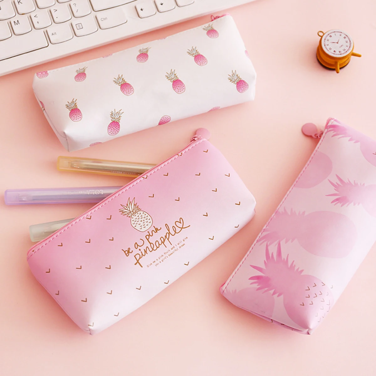 

Novelty Pink Pineapple Pencil Bag For School Cute Strawberry PU Leather Storage Pouch Stationery Pencil Case