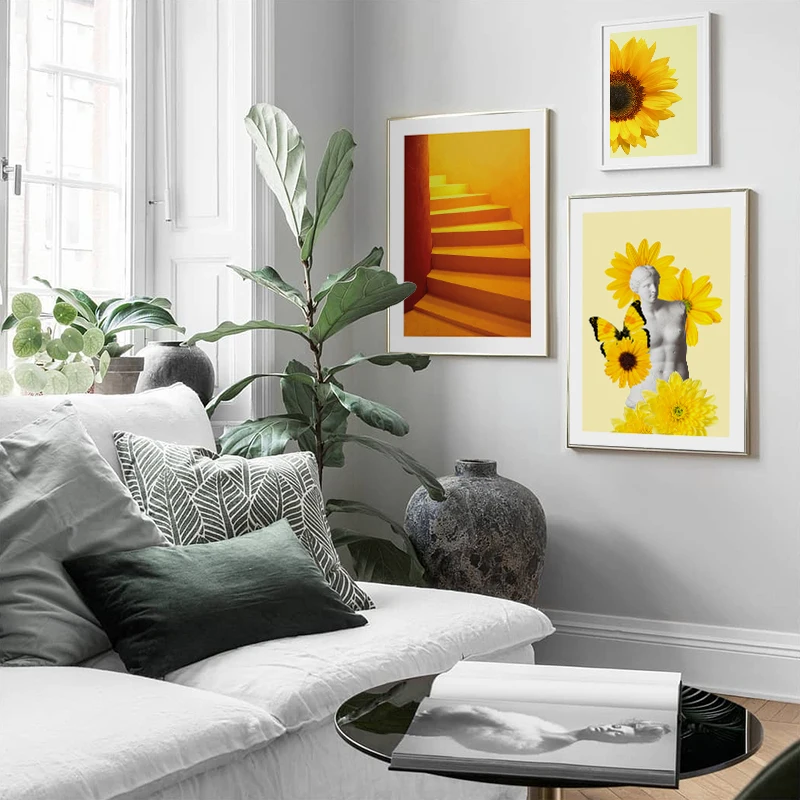 

Abstract Yellow Themed Canvas Poster Nordic Plant Sunflower Statue Painting Wall Art Pictures For Living Room Modern Home Decor