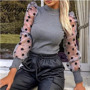 

Women Ladies Summer Mesh Puff Long Sleeve Shirt Loose Casual Blouse Tops Elegant Turtleneck Dot Party Clubwear Soft Clothes