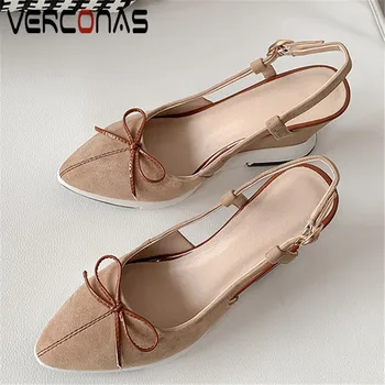 

VERCONAS 2020 Sweet Woman Pumps Woman Sandals Classic Design Summer Kid Suede Butterfly-Knot Pointed Toe Wedges Shoes Woman