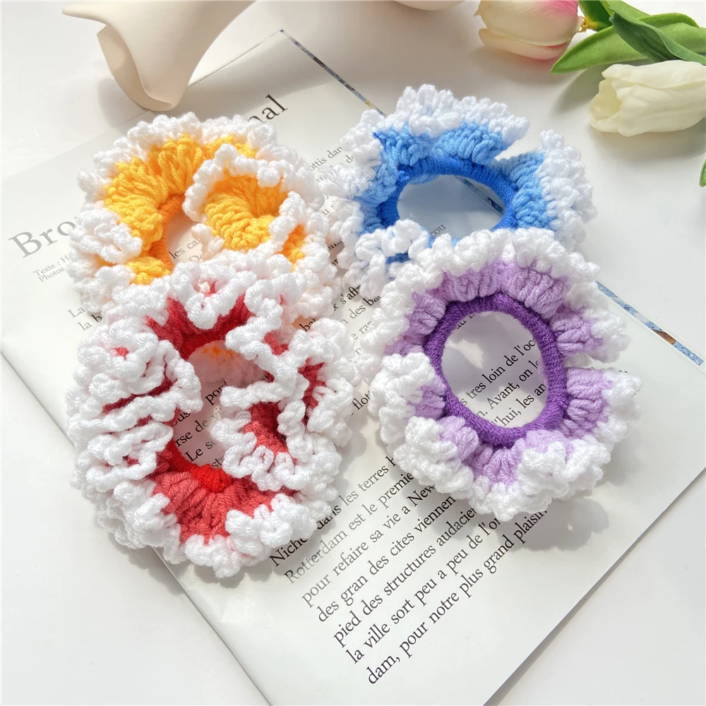 

New 4 Colors Women Warm Knit Big Hair Scrunchies Solid Soft Vintage Hair Gums Striped Fabric Rubber Bands For Hair Bun