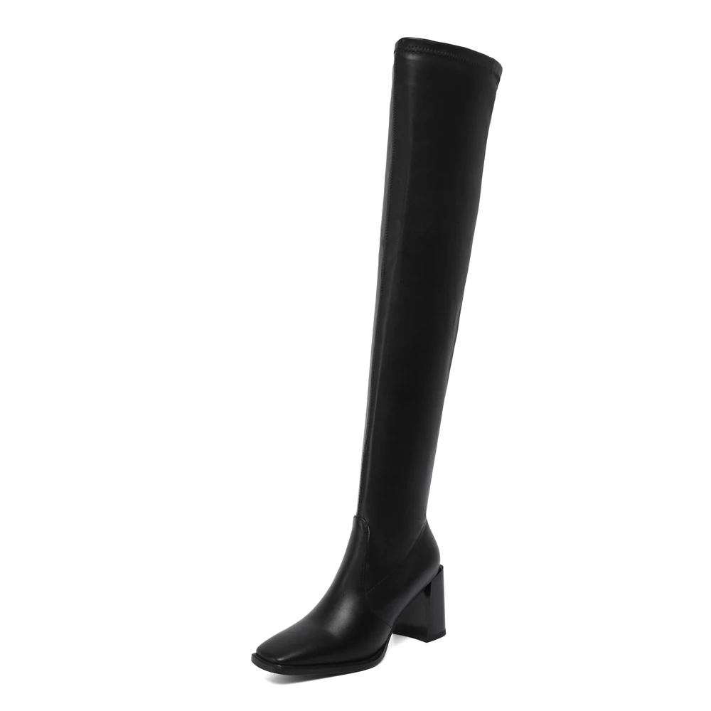 

Square Toe High Heel Over The Knee Stretch Boots Side Zipper Profiled Heel Sleeve Boots Flock And PU Optional Stitching Shoes