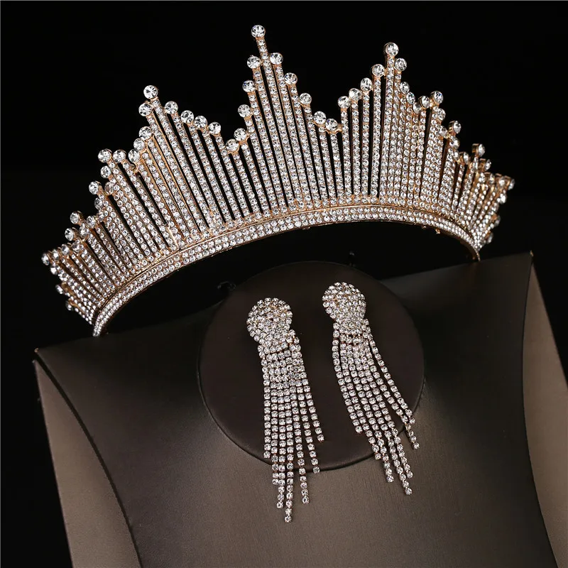 Baroque Luxury Silver Color Crystal Bridal Tiaras Crown With Earrings Rhinestone Pageant Diadem Wedding Hair Accessories Bijoux jewelry accessories jewelry set hair accessory hair headdress bridal headwear hair band crown