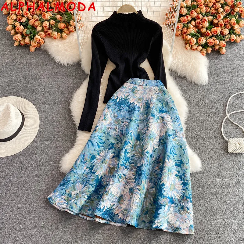 ALPHALMODA Retro Style Oil Painting Medium Long High Waist Jacquard Skirt + Long-sleeved Pullover Slim Sweater Women 2pcs Suit |
