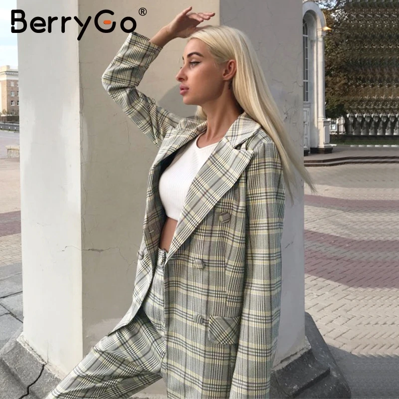BerryGo Повседневная клетчатая двубортная Женская Блейзер длинный рукав пуговицы