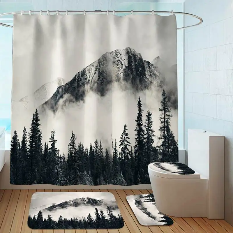 Landscape Flower Ink Printing Waterproof Shower Curtain Non-slip Mats Bath Carpets Toilet Seat Cover Floor Mat Bathroom Decor