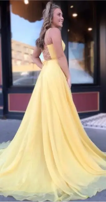Простые платья vestido graduacion largo на тонких бретельках, желтые шифоновые платья для выпускного вечера, Длинные дешевые вечерние платья для молодых девушек - Цвет: Yellow