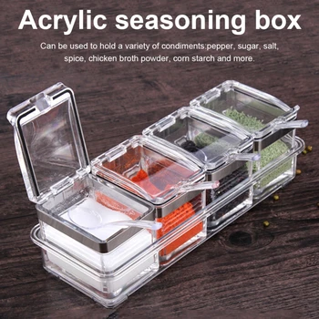 

1set Airtight Gourmet Acrylic Seasoning Box Pure Acrylic Container and Case 4 Serving Spoons Condiment Cruet Bottle