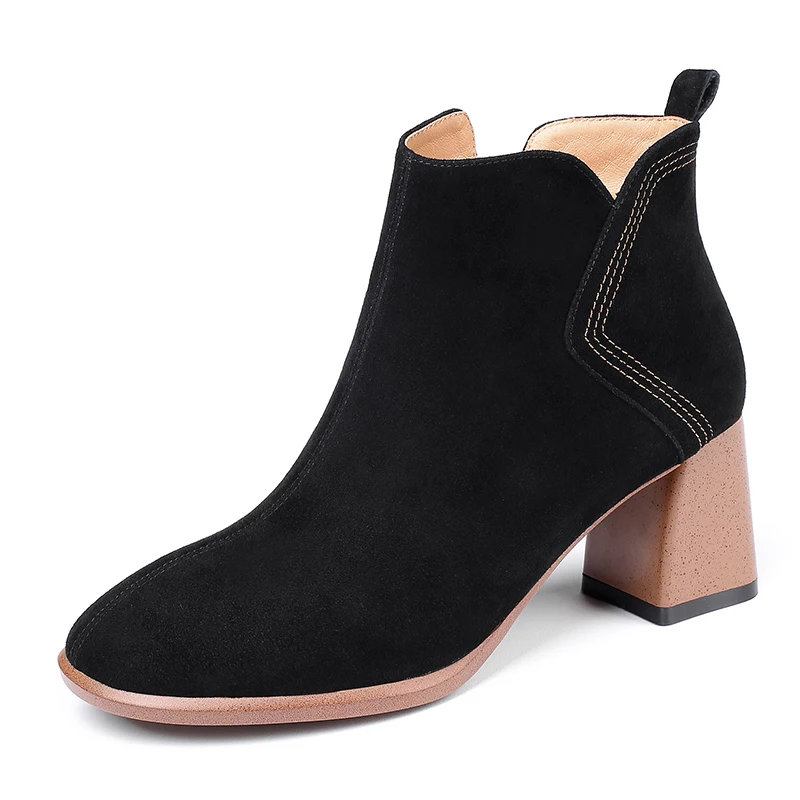 

Plus size 42 women's genuine suede leather black ankle boots thick high heel autumn short booties comfrotable shoes for women