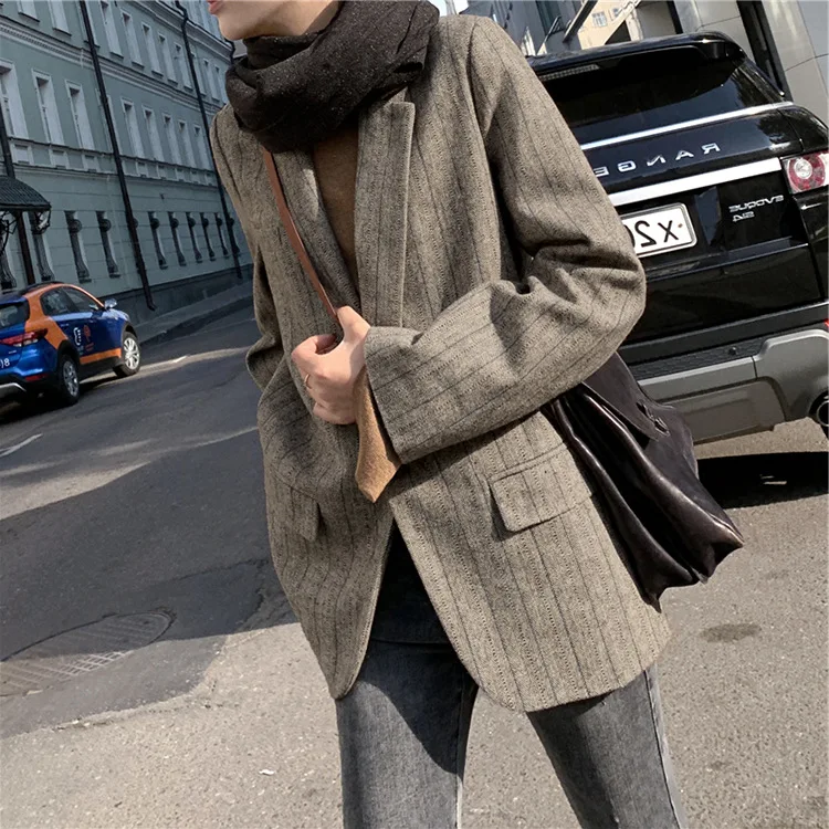 Осенний, настраиваемый, шерстяной, толстый, маленький костюм, женский, корейский стиль, шерсть, элегантный, для поездок, однобортный, в полоску, Coa