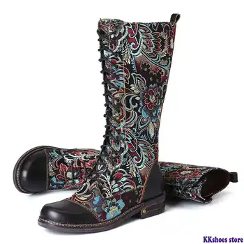 

Flowers Pattern Colorful Stitching Elegant Zipper Lace Up Flat Mid Calf Boots Elegant Shoes Women Shoes Botas Mujer