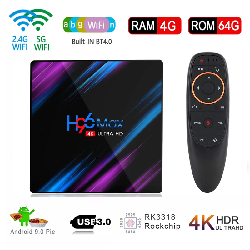 

H96 MAX Smart TV Box Android 9.0 4GB 64GB RK3318 Media player 4K 2.4G&5GHz Dual Wifi Google Voice Assistant Netflix Youtube iptv