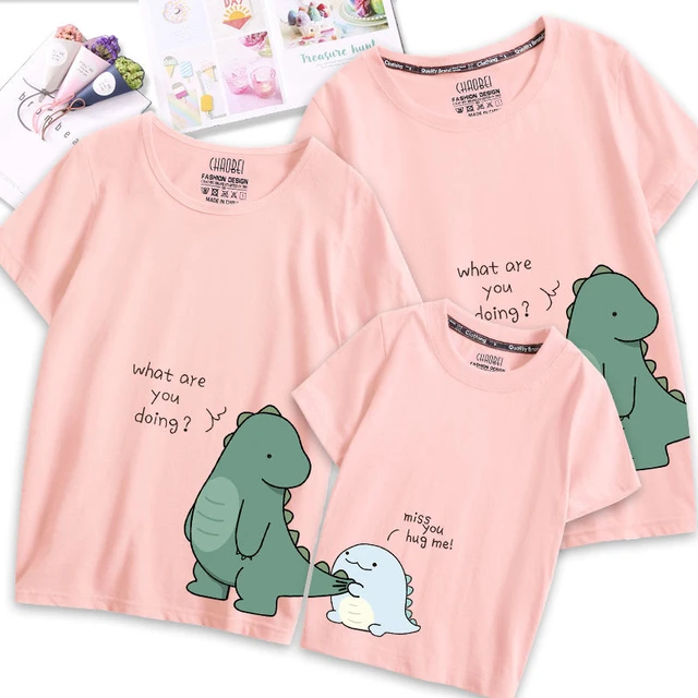 Family Matching Outfits Clothes Mother Dad and Kid Summer Cartoon Dinosaur T-Shirt Sport Clothing Cotton Parent Child Outfits 3