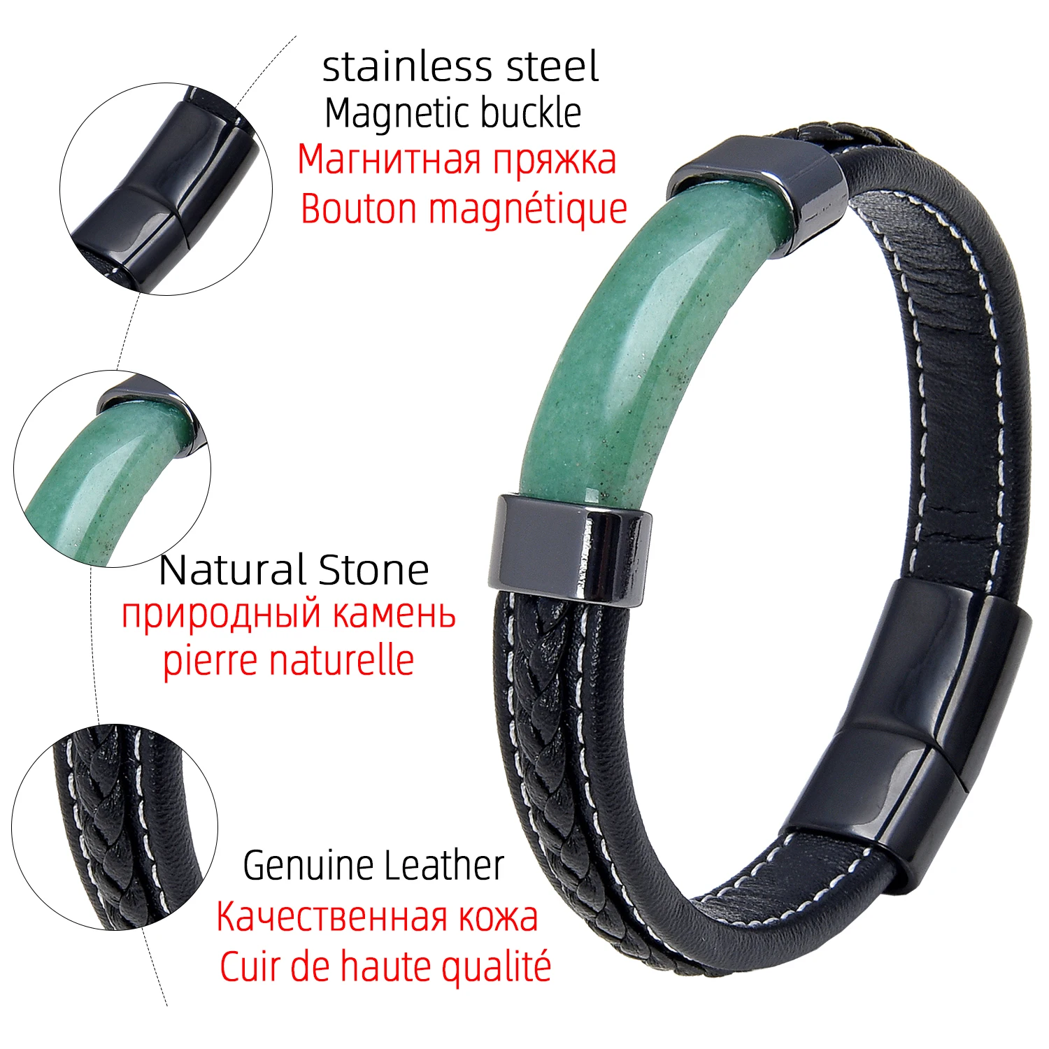 Luxury Natural Stone Men Black Braided Leather Bracelet Stainless Steel Magnetic Buckle Trendy Charm Bracelet Homme Jewelry - Image 6