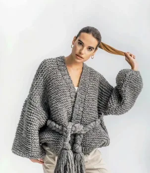 

Chic Hand Knit Mohair Sweater Women Coarse Wool V-Neck Cardigan Women Rough Wool Lantern Sleeve Cardigan Crocheted Coat Outwear