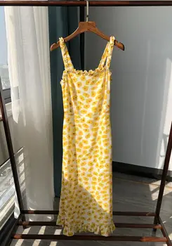 

Yellow Daisy Printtd Women Midi Dress ladies sexy Beach Vacation Viscose Camisole long Dresses Spaghetti Strap Fashion clothes