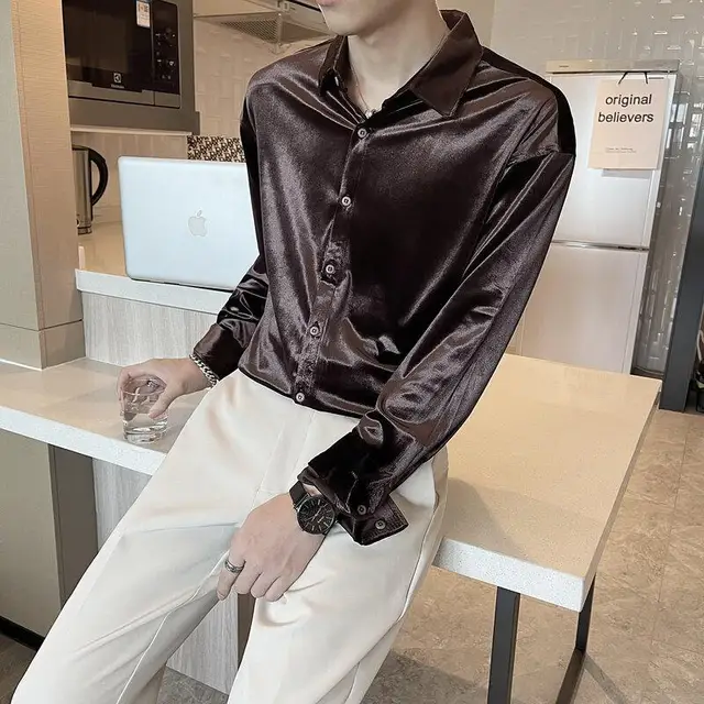 Luxury Brown Retro Velvet Shirts For 