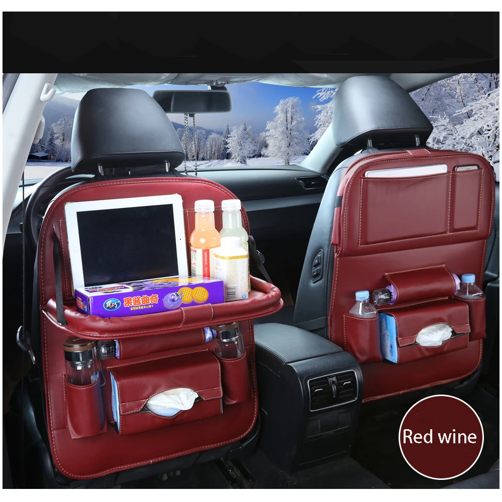Сумка-накладка из искусственной кожи для автомобильного сиденья, подвесная сумка для автомобиля с несколькими карманами, складная сумка для хранения обеденного стола, хранение автомобильного сиденья - Цвет: Красный