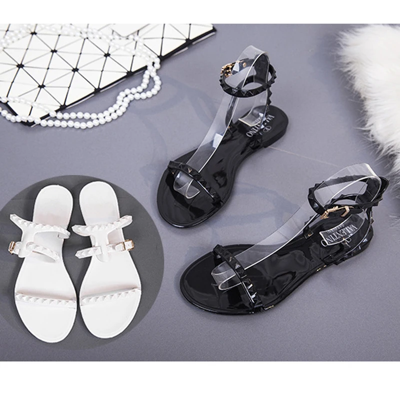 Summer-Shoes-Black-White-Beach-ShoesSimple-Women-Flip-Flops-Woman-Rivets-Flat-Sandals-Hot-Jelly-Shoes