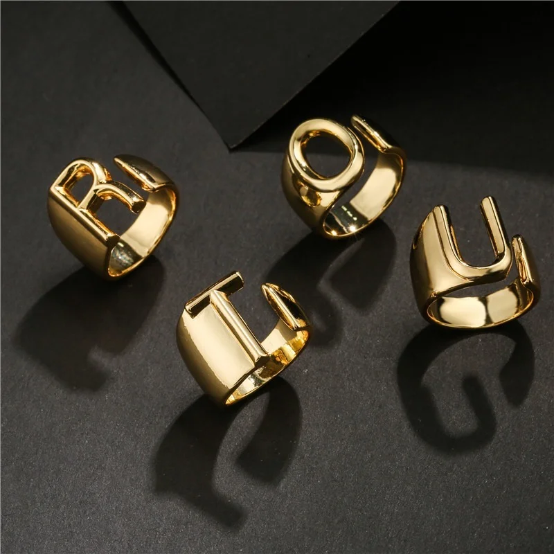 Gold Color Ring Finger Ring Adjustable Rings A-Z Letter Metal Adjustable Opening Ring Initials Name Alphabet Female Party Chunky Wide Trendy Jewelry