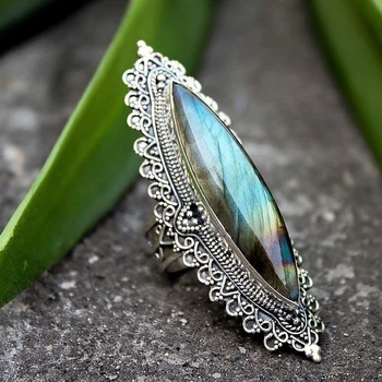 Milangirl  Antique Vintage Ring Women's Hot Sale Bohemian Luxury Inlaid Big Rainbow Stone Ring Engraving Classic Ladies Ring