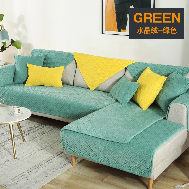 Modern Pineapple Plaid Crystal Plush Sofa Cover Cotton Slip-Resistant Sofa Towel Chair Covers Mats Living/Drawing Room L-Shaped - Цвет: 05   green