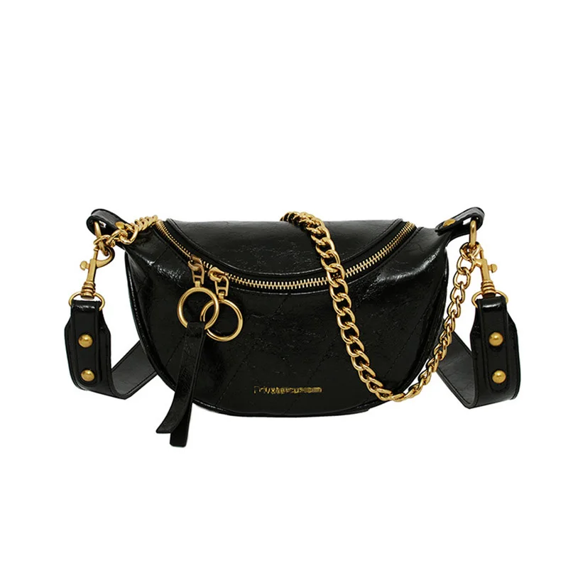 Black Waist pack New Fashion Leather Fanny Pack Chain Fanny Pack Zipper Banana Bag Chest Bag Women High Capacity Anti-theft Shoulder Kidney Bag - Цвет: Black Waist pack