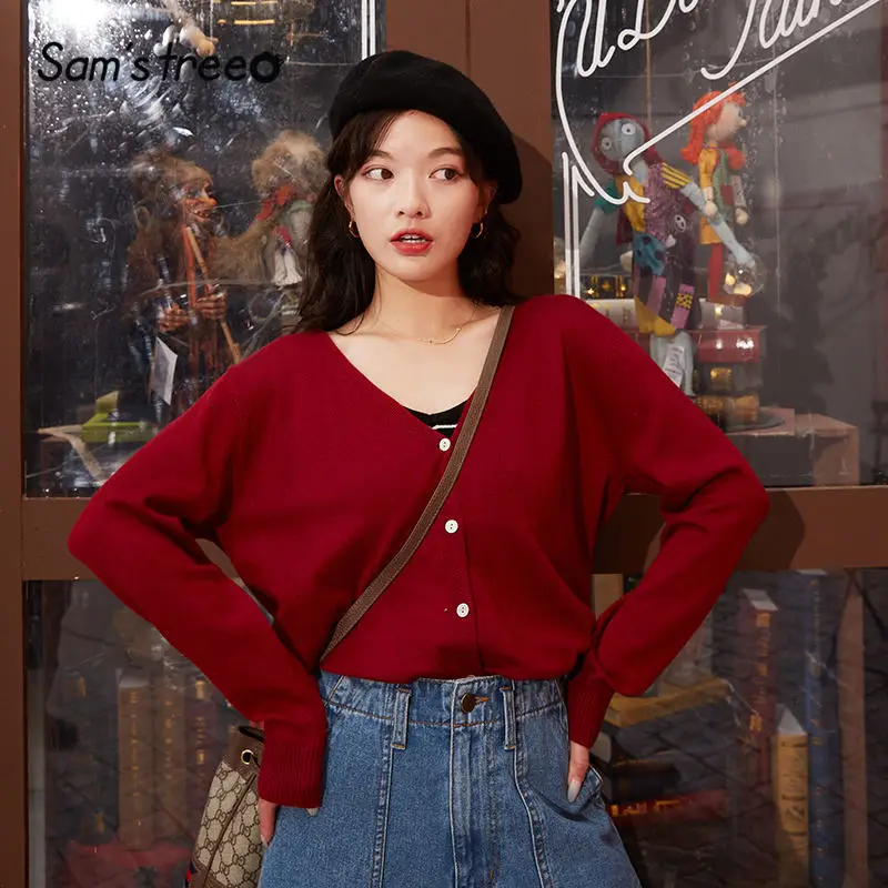 

SAM'S TREE Multicolor Solid Single Breasted Knit Women Cardigan Sweater 2020 Spring Pure Long Sleeve Korean Ladies Basic Tops
