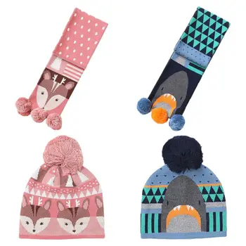 

THINKTHENDO Toddler Kids Winter Knit Pompom Beanie Cap Long Scarf Shark Deer Cartoon Warmer