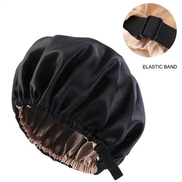 Wholesale Silky Satin Bonnet Hair Cap Double Layer Sleep Night Cap with Invisible Flat Adjusting Button Head Cover Bonnet Hat black