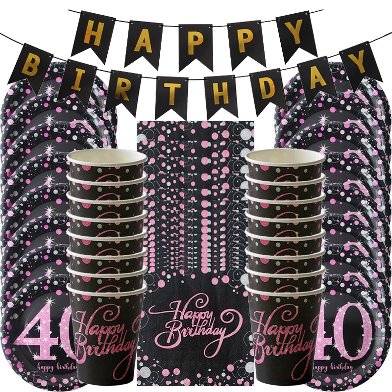 Pink 40 49 шт./компл. 30th 40th 50th 60th день рождения одноразовые партии посуда чашки тарелки салфетки баннер для вечеринки в честь Дня Рождения украшения для взрослых - Цвет: Pink 40