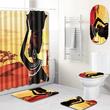 

African Women Shower Curtain Mat Five-Piece Bathroom Toilet Cushion Carpet