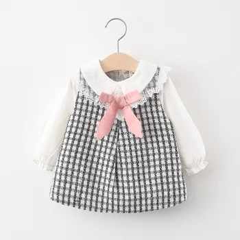 

2020 Autumn New Baby Girl Cute Long Sleeve Princess Dress Plaid Bow Lace Dress Children's Clothing Kids