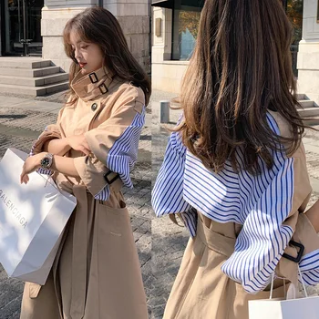

Stitching Loose Casual Contrast Color Patchwork Women's Long Coat High Quality Comfortable Chic Sobretudo Feminino Trench Coat