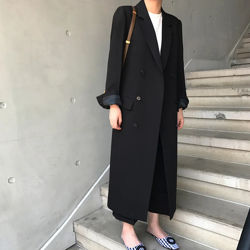 Высококачественные осенние женские пальто классические свободные длинные черные куртки - Цвет: Черный