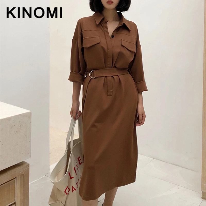 KINOMI 2019 новое осеннее платье рубашка с длинным рукавом и поясом в Корейском стиле