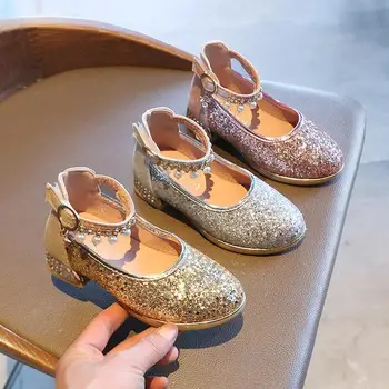 

Gold Sequins Children Princess Shoes for Girls High Heel Glitter Rhinestone Enfants Fille Female Party Dress Shoes