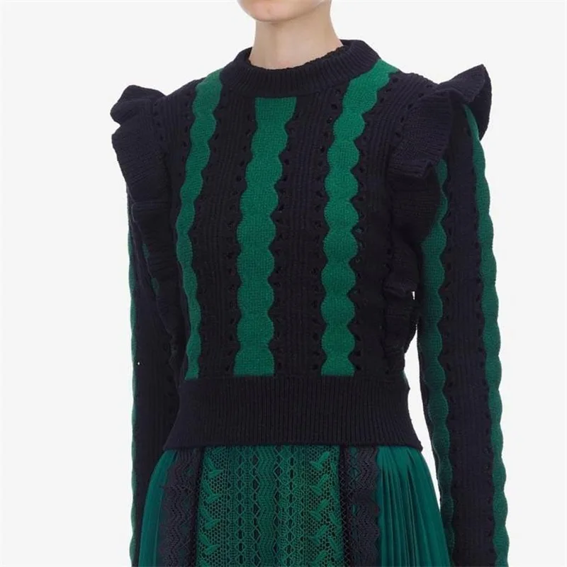 Runway Self Portrait Sweaters For Women Striped Hollow Out Ruffles Collection Chic Pullovers Puff Sleeves Knitted Tops Jumpers | Женская