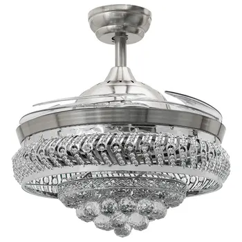 

42 Inch Invisible Crystal Ceiling Fans with LED Light and Remote, Indoor Ceiling Light with 4 Retractable ABS Blades Fans
