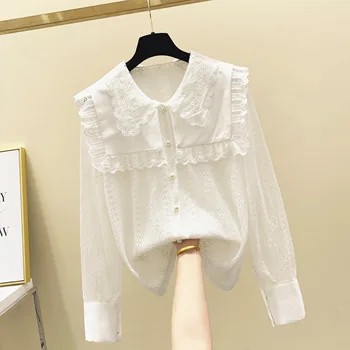 

Doll Collar Palace Style Lace Shirt Long Sleeve Women's White Lace Blouse 2020 Spring New Sweet Large Lapel White Shirt Tops