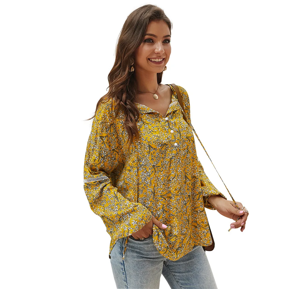 QPFJQD Boho шикарные винтажные цветочные печатные жемчужные рубашки на пуговицах Топы женские Повседневный пляжный костюм с длинным рукавом блузки Blusas весна осень