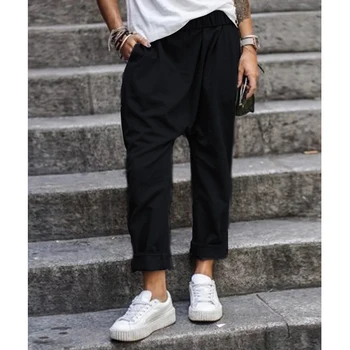 

Pockets Loose Cotton Linen Long Harem Black Pants Women Elastic Waist Casual Cargo Pantalon Overalls Trousers Plus Size Casual