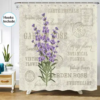 

Rustic Shower Curtains Sets, Vintage Postcard Farm Style Rustic Flowers Stall Floral Grunge Herbs Leaves Purple Beige Lavender