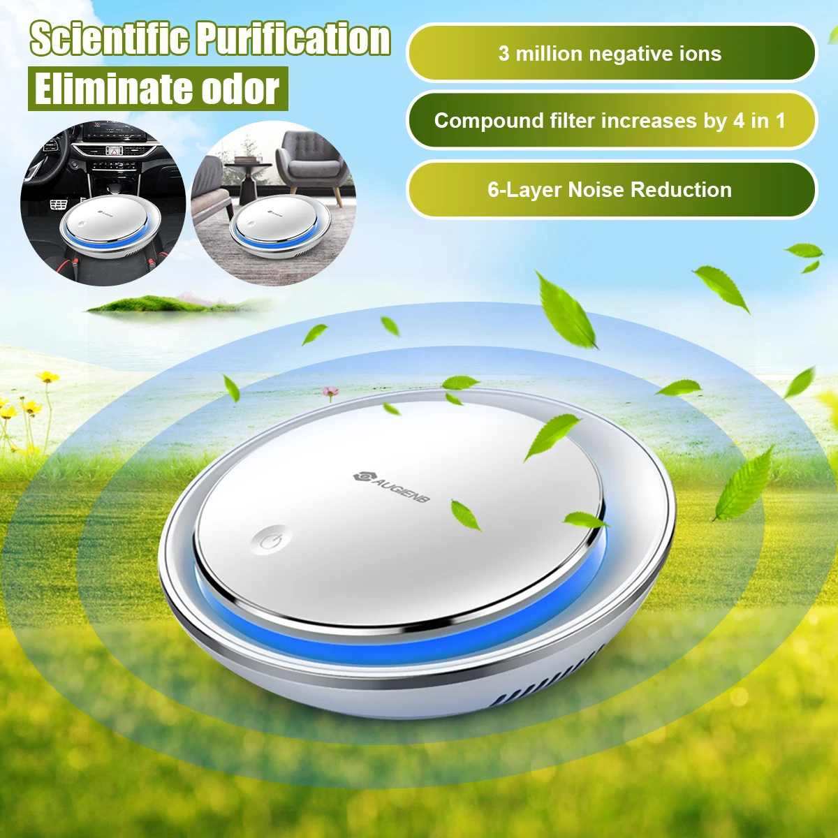 

AUGIENB Room Car Air Purifier HEPA Filter 12V Negative Ions Air Cleaner Ionizer Air Freshener for Dust Cigarette Smoke Bad Odors