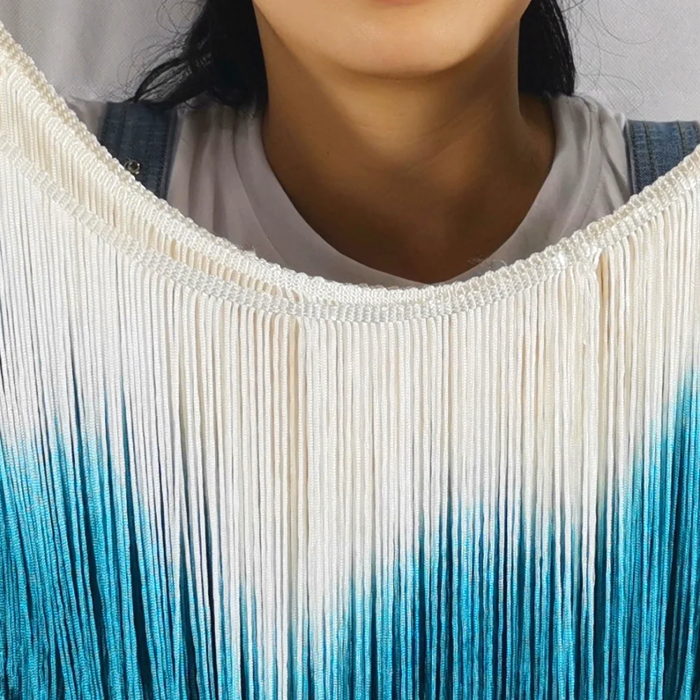 10 Yds Latin Fringe Tassel Dip Dye Ombre Soft Rayon Latin Macrame Dance Dress Trimming Samba Skirt Tassel White/Blue 25cm