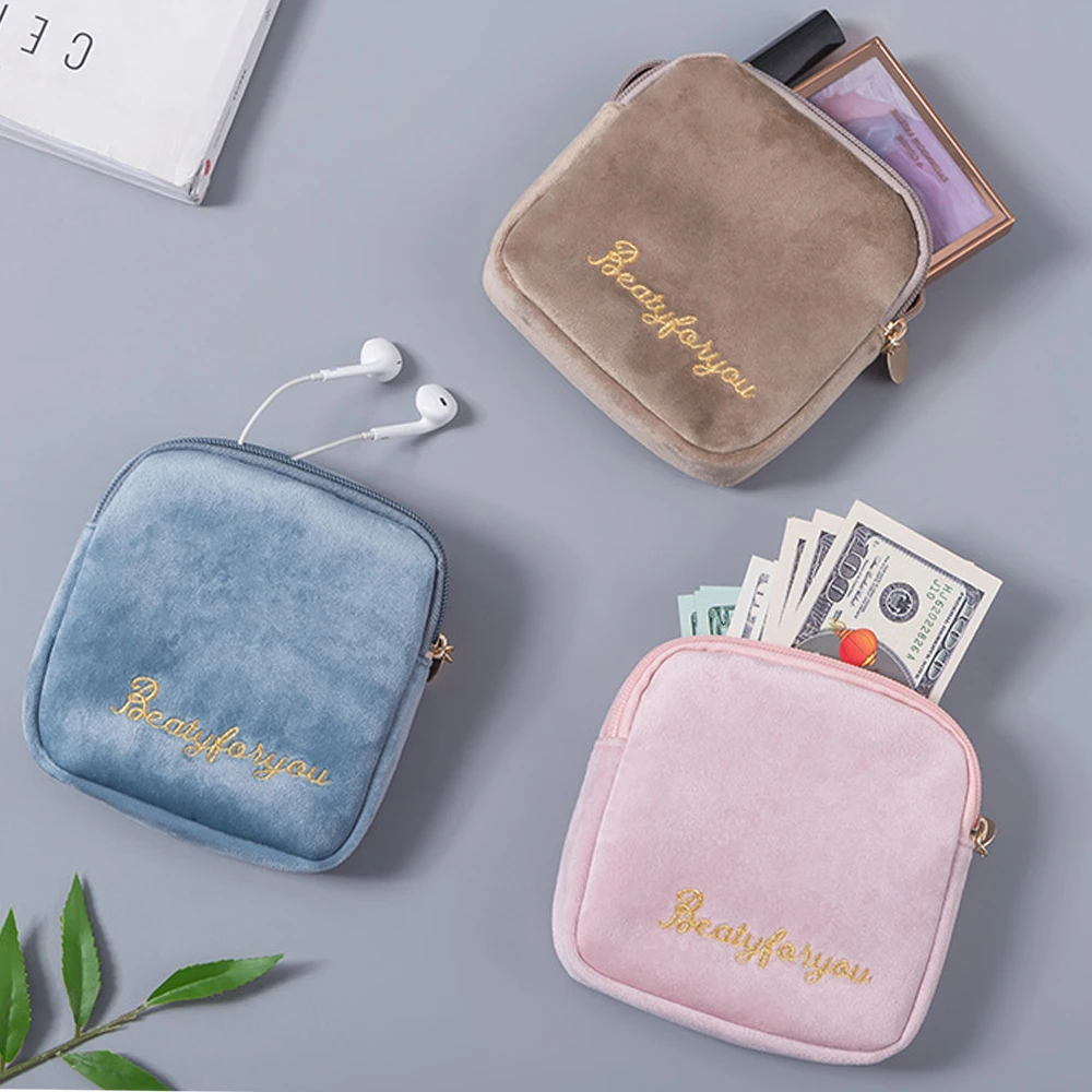 

Portable Storage Bag Sanitary Pad Bag Ladies Cosmetic Wallet Earphone Jewelry Storage Bag Flocking Soft Carrying Bag