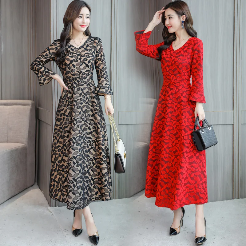 

2018 Autumn New Style WOMEN'S Dress Slim Fit Slimming Fashion Elegant Mid-length Big Hemline-Shaped Printed Lace Dress
