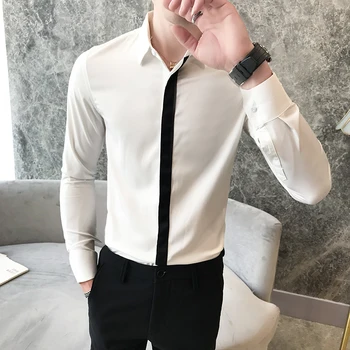 

M-3XL Men Shirt Brand New Slim Fit Casual Ribbon Patchwork Tuxedo Gentlemen Formal Wear Business Shirts Men's Clothing